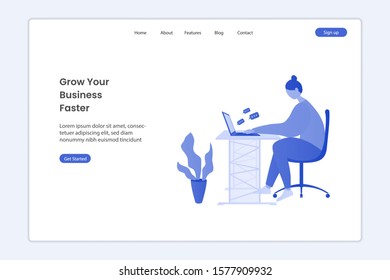 Remote work from home concept. Business illustration on landing page. Girl is working at the table with laptop and getting social media message. Business design concept. Flat vector illustration