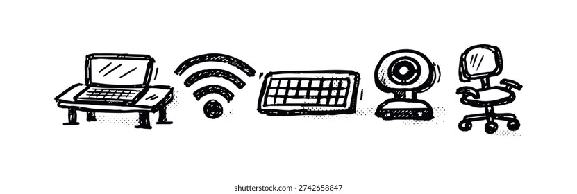 Remote work and home office essentials icons set: laptop, WiFi, keyboard, webcam, chair. Hand-drawn modern workspace elements.