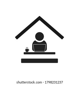 Remote Work From Home Office Flat Vector Icon. Black Editable Symbol Of Man Sitting At The Desk With A Computer Workstation At His Own Workspace In Coworking Or Home. Internet Job Concept V5