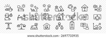Remote work, home office, and flexible workspace outline icon set – telecommuting, work from home, virtual meetings, productivity, and comfort symbols, work from home icon, Remote work icon
