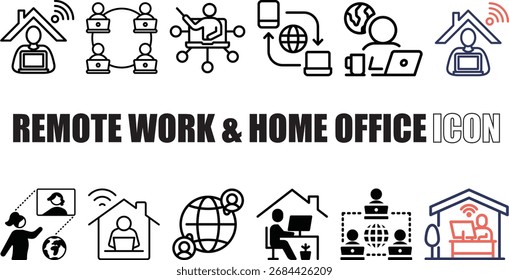 Remote Work and Home Office Icons - Work from Home, Laptop, Desk Setup Icon Set Collection