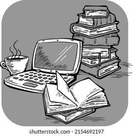Remote work from home office with laptop, books and coffee on desk. Digital pc and old books to study exam at school. New knowledges. Hand drawn vintage vector illustration. Old style cartoon drawing.