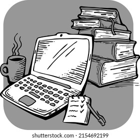 Remote work from home office with laptop, books and coffee on desk. Digital pc and old books to study exam at school. New knowledges. Hand drawn vintage vector illustration. Old style cartoon drawing.