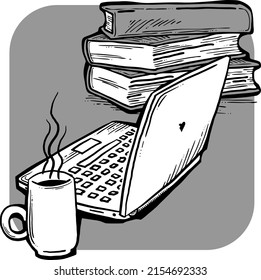 Trabajo a distancia desde la oficina del hogar con portátil, libros y café sobre el escritorio. Pc digital y libros antiguos para estudiar exámenes en la escuela. Nuevos conocimientos. Ilustración vectorial vintage dibujada a mano. Dibujo de caricaturas de estilo antiguo.
