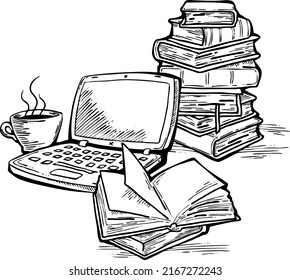 Remote work from home office with laptop, books and coffee on desk. Digital pc and old books to study exam at school. New knowledges. Hand drawn vintage illustration. Old style cartoon drawing.