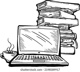 Remote Work From Home Office With Laptop, Books And Coffee On Desk. Digital Pc And Old Books To Study Exam At School. New Knowledges. Hand Drawn Vintage Illustration. Old Style Cartoon Drawing.