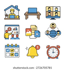 A remote work home office laptop video call online meeting presentation digital file global team schedule notification alarm clock