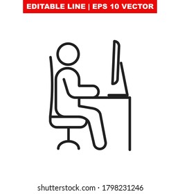 Remote work from home office line vector icon. Editable stroke symbol of man pictogram sitting at the desk with a computer workstation at his own workspace at coworking or home.Internet job concept V1