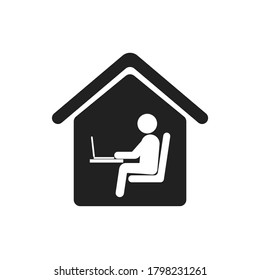 Remote Work From Home Office Line Vector Icon. Flat Style Symbol Of Man Pictogram Sitting At The Desk With A Laptop Workstation At His Own Workspace In Coworking Or Home. Internet Job Concept V2