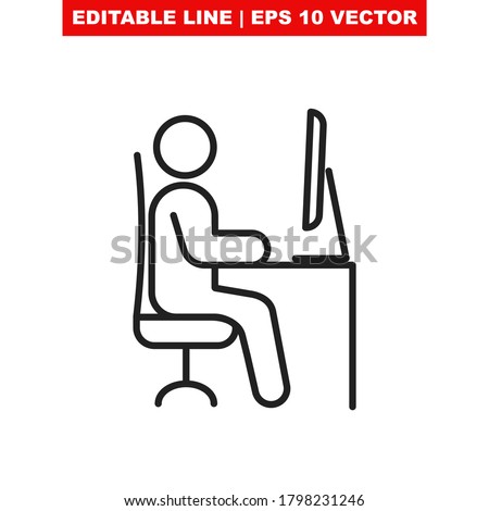Remote work from home office line vector icon. Editable stroke symbol of man pictogram sitting at the desk with a computer workstation at his own workspace at coworking or home.Internet job concept V1