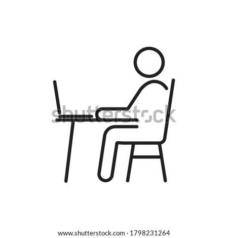 Remote work from home office line vector icon. Editable stroke symbol of man pictogram sitting at the desk with a laptop workstation at his own workspace in coworking or home. Internet job concept V3