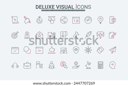 Remote work in home office line icons set. Person with computer at workplace, laptop and online company, internet speed and connection thin black and red outline symbols, vector illustration