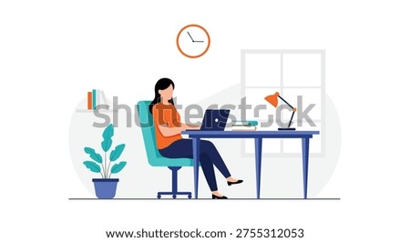 Remote Work and Home Office Productivity – Woman Working on Laptop at Desk Flat Vector Illustration