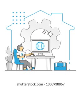 Trabajo remoto desde casa para distanciarse del concepto de contorno monocolor de oficina. Método de aislamiento con el lugar de trabajo doméstico usando tecnologías de internet para conectarse con la ilustración vectorial de compañeros de trabajo.
