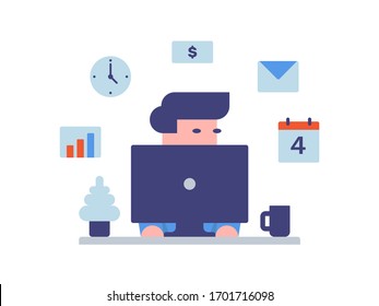 Remote work from home vector illustration. Online education. Freelancer working at home, online studying at computer.