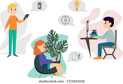 Remote work from home vector illustration. Online education. Freelancer working at home, online studying at computer. Learning online. E-Learning