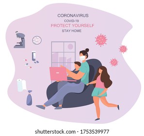 Remote Work at Home. Woman Sitting on the Chair. Mother with Children Doing Remote Freelance Job with Laptop. Mother Freelancer Can't work Productively during Quarantine. Flat Vector Illustration