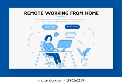 Remote work from home. Woman worked at computer in room. Online work during coronavirus pandemic. Convenient freelance with distribution of time. Vector home page flat line template