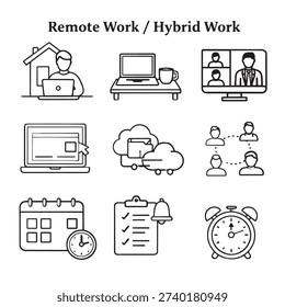 A remote work hybrid work home office laptop video call online meeting cloud storage teamwork schedule checklist alarm clock productivity digital communication time management planning organization