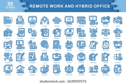 The Remote Work and Hybrid Office blue icon set illustrates modern tools, environments, and communication essentials ideal for flexible teams, virtual collaboration, and productivity solutions.