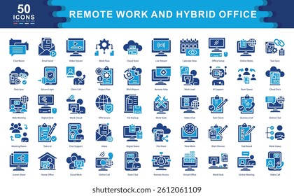 The Remote Work and Hybrid Office icon set illustrates modern tools, environments, and communication essentials ideal for flexible teams, virtual collaboration, and productivity solutions.