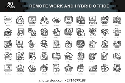 The Remote Work and Hybrid Office icon set illustrates modern tools, environments, and communication essentials ideal for flexible teams, virtual collaboration, and productivity solutions.
