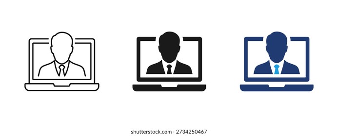 Icono de trabajo remoto con la persona en la pantalla del ordenador portátil. Reunión en línea, llamada, comunicación virtual, conferencia de negocios, oficina remota, teletrabajo, trabajo independiente y concepto de lugar de trabajo digital.