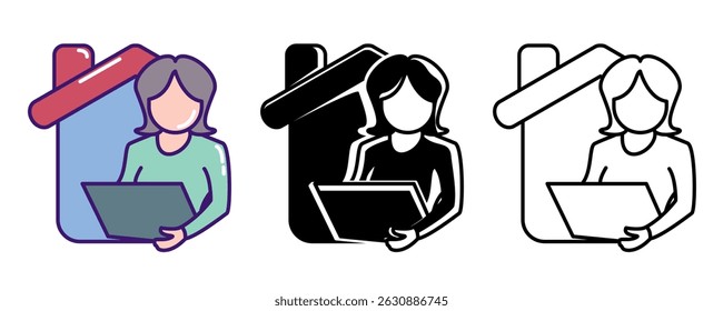 Remote Work icon represented by home, worker, laptop Line, Filled, Color style.