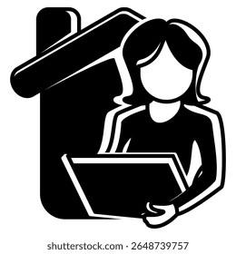 Remote Work icon represented by home, worker, laptop Black Filled style.