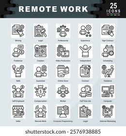 Remote Work icon set containing Writing, Legal, Professional, Experience, Freelancer, Creation, Video Production, Independent, Scheduling, Guarantee, Freelance icon. Simple line vector