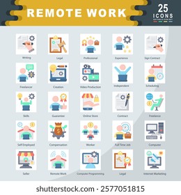 Remote Work icon set containing Writing, Legal, Professional, Experience, Freelancer, Creation, Video Production, Independent, Scheduling, Guarantee, Freelance icon. Simple flat vector