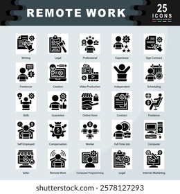 Remote Work icon set containing Writing, Legal, Professional, Experience, Freelancer, Creation, Video Production, Independent, Scheduling, Guarantee, Freelance icon. Simple glyph vector