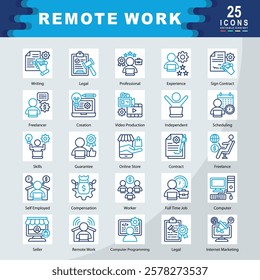 Remote Work icon set containing Writing, Legal, Professional, Experience, Freelancer, Creation, Video Production, Independent, Scheduling, Guarantee, Freelance icon. Simple vector illustration