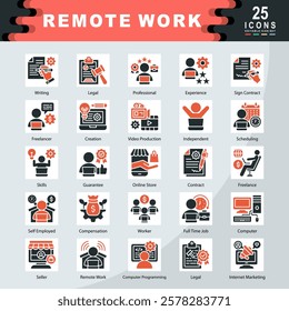 Remote Work icon set containing Writing, Legal, Professional, Experience, Freelancer, Creation, Video Production, Independent, Scheduling, Guarantee, Freelance icon. Simple vector illustration