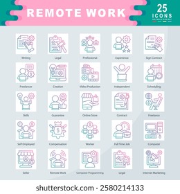 Remote Work icon set containing Writing, Legal, Professional, Experience, Freelancer, Creation, Video Production, Independent, Scheduling, Guarantee, Freelance icon. simple gradient vector