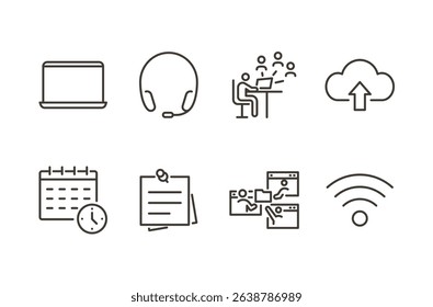Remote work icon set. Thin line editable stroke icons for productivity tools, collaboration, time tracking, cloud sharing, virtual communication, digital workflow, and online office