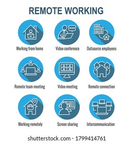 Remote work icon set w work from home, video meetings, etc
