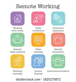 Remote work icon set w work from home, video meetings, etc