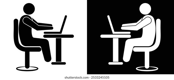 Remote work icon, vector design. Man sitting on a chair with laptop.  Person working on laptop. Business man icon, vector, Freelancer vector, icon. Office Working icon, vector, logo, app design.