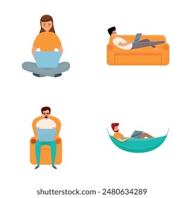 Remote work icons set cartoon vector. People work in comfortable condition. Freelance, home office
