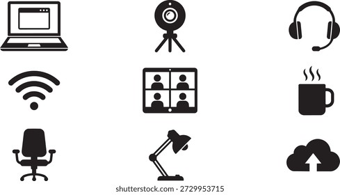 Remote work icons set with office elements and communication symbols