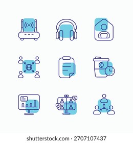 Remote Work Icons Technologiekonzepte, einschließlich Router, Kopfhörer, Benutzerprofil, globales Netzwerk, Dokument, Kaffeetasse mit Uhr, Computergrafik, Videokonferenz und Organigramm.