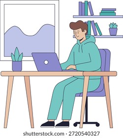 Ilustración del trabajo remoto, hombre que trabaja desde casa con el ordenador portátil en Espacio de trabajo moderno