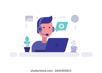 Remote Work Illustration – Person with Headset at Laptop, Surrounded by Work Icons