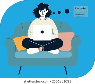 Remote Work Illustration. Woman working from home on laptop, sitting comfortably on sofa. Freelance, digital nomad, work-life balance, home office, productivity, modern lifestyle, flat vector design.