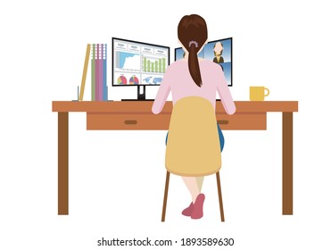Remote work Image illustration of home work. Desk, computer and female office worker illustration