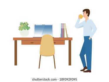Illustration von Remote-Arbeiten. Arbeiten Sie im Heimdesign. Illustration eines männlichen Büroangestellten, der eine Pause am Schreibtisch und am Computer einnimmt