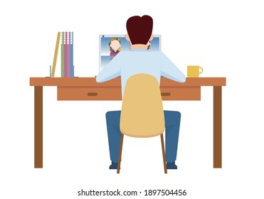 Remote work Image illustration of home work. Desk, computer and male office worker illustration