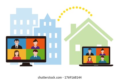 Remote work image, Office and home, Desktop computer and laptop on white background