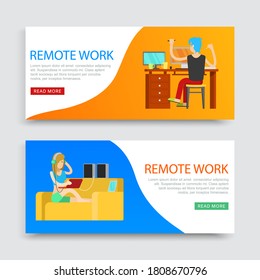Ferneintragung auf Set-Bannern, Arbeitsplatz, Arbeit durch Internet auf Computer, Design-Cartoon-Stil Vektorgrafik. Online-Geschäft, sitzende Frau mit Laptop zu Hause, freiberufliche Angestellte.